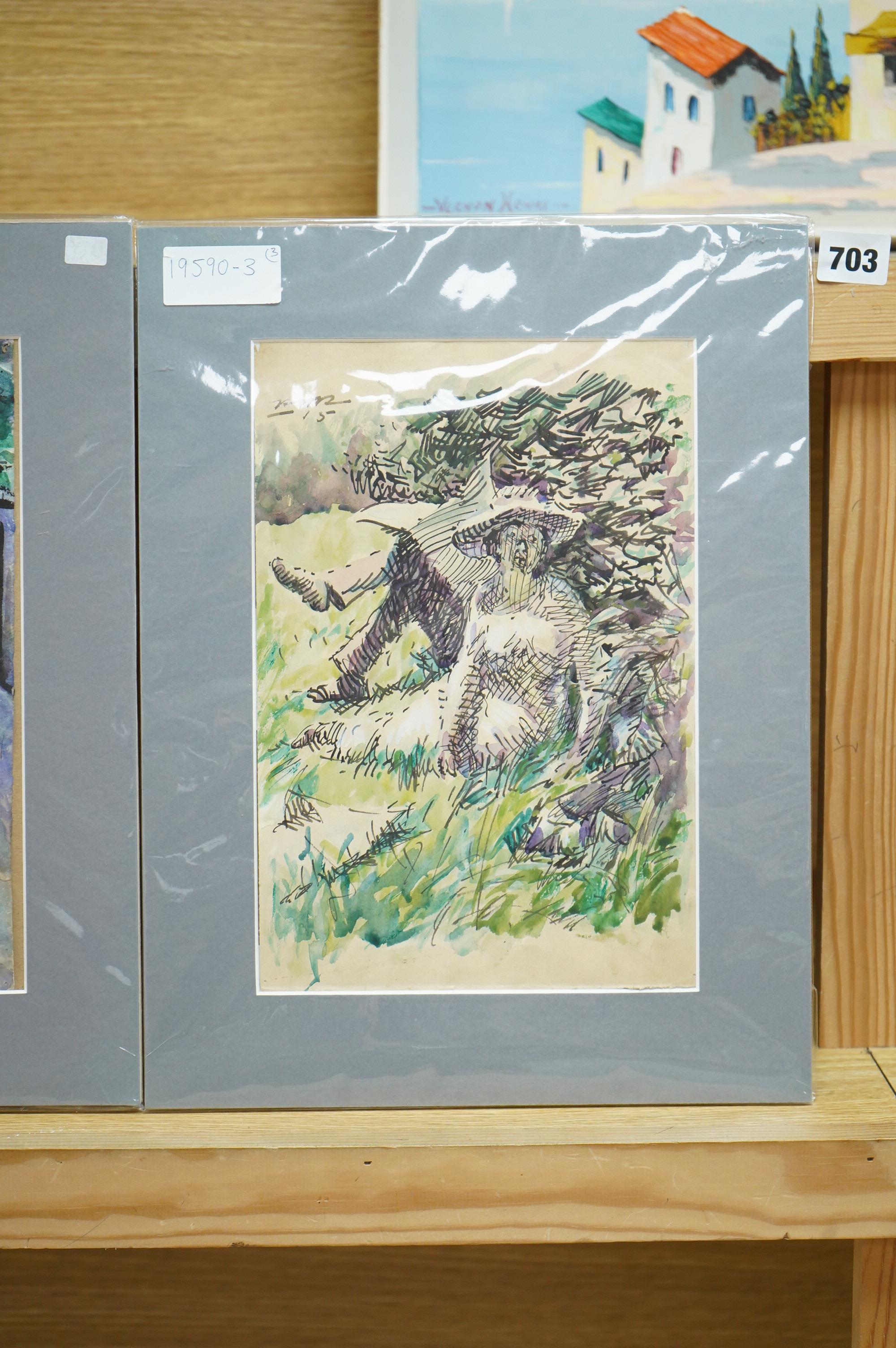 Harold Hope Read (1881-1959), ‘Figures in the rain’, ‘Brushing the leaves’ and ‘Outdoor Scene’, one signed, each with Bowden Fine Art labels verso, three ink and watercolours on paper, mounted, unframed, largest 28 x 19c